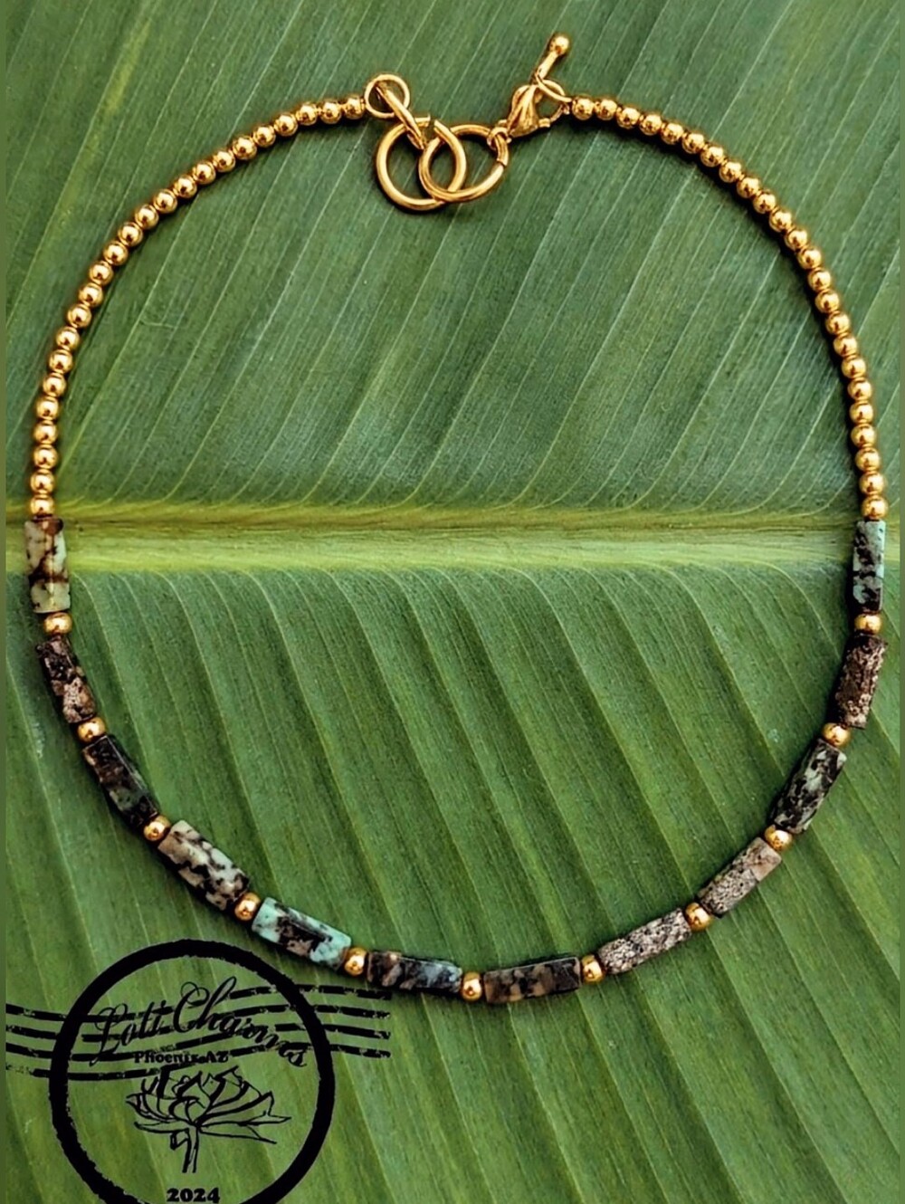 African Turquoise Long Tube Beads In Gold Bead  Choker/Necklace  